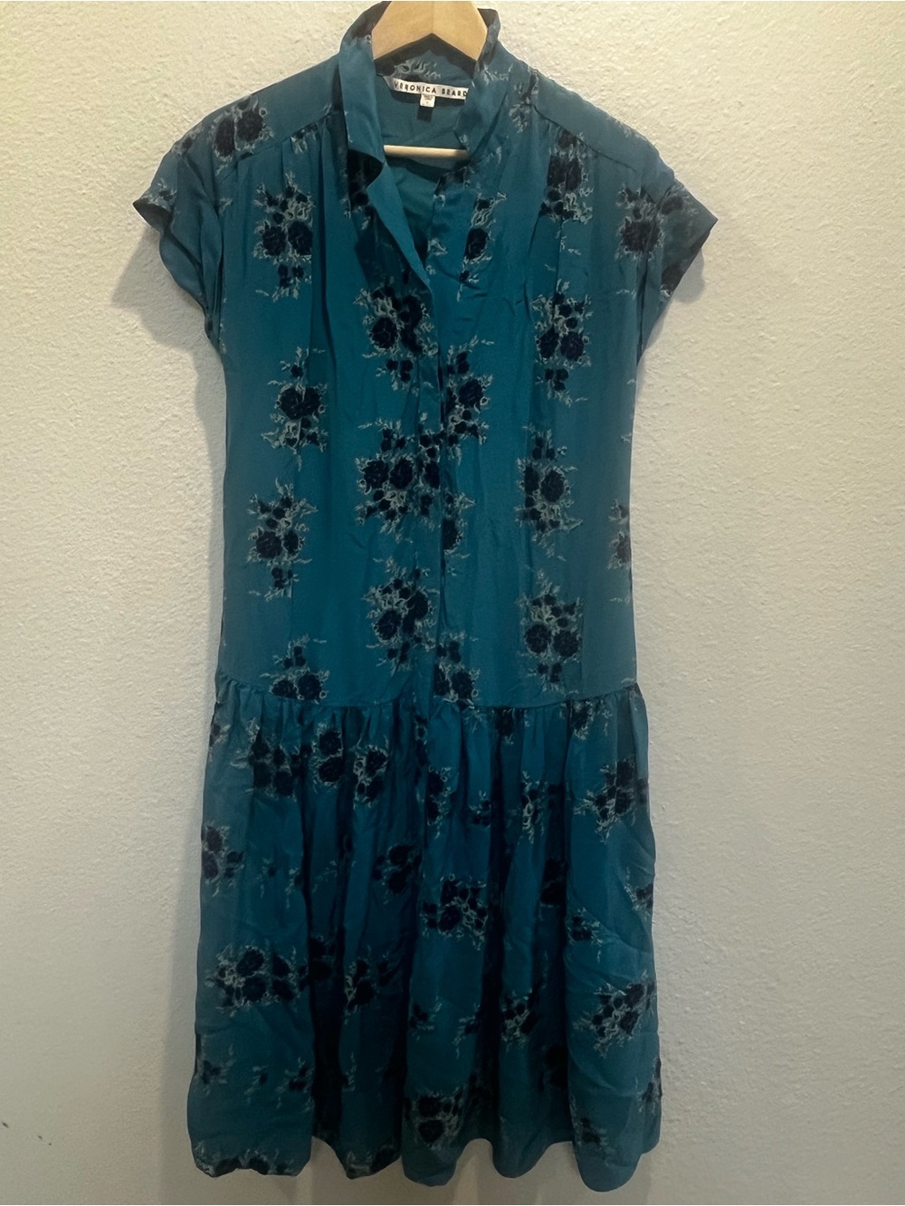 Veronica Beard Teal Floral Button-Front Midi‎ Dress silk